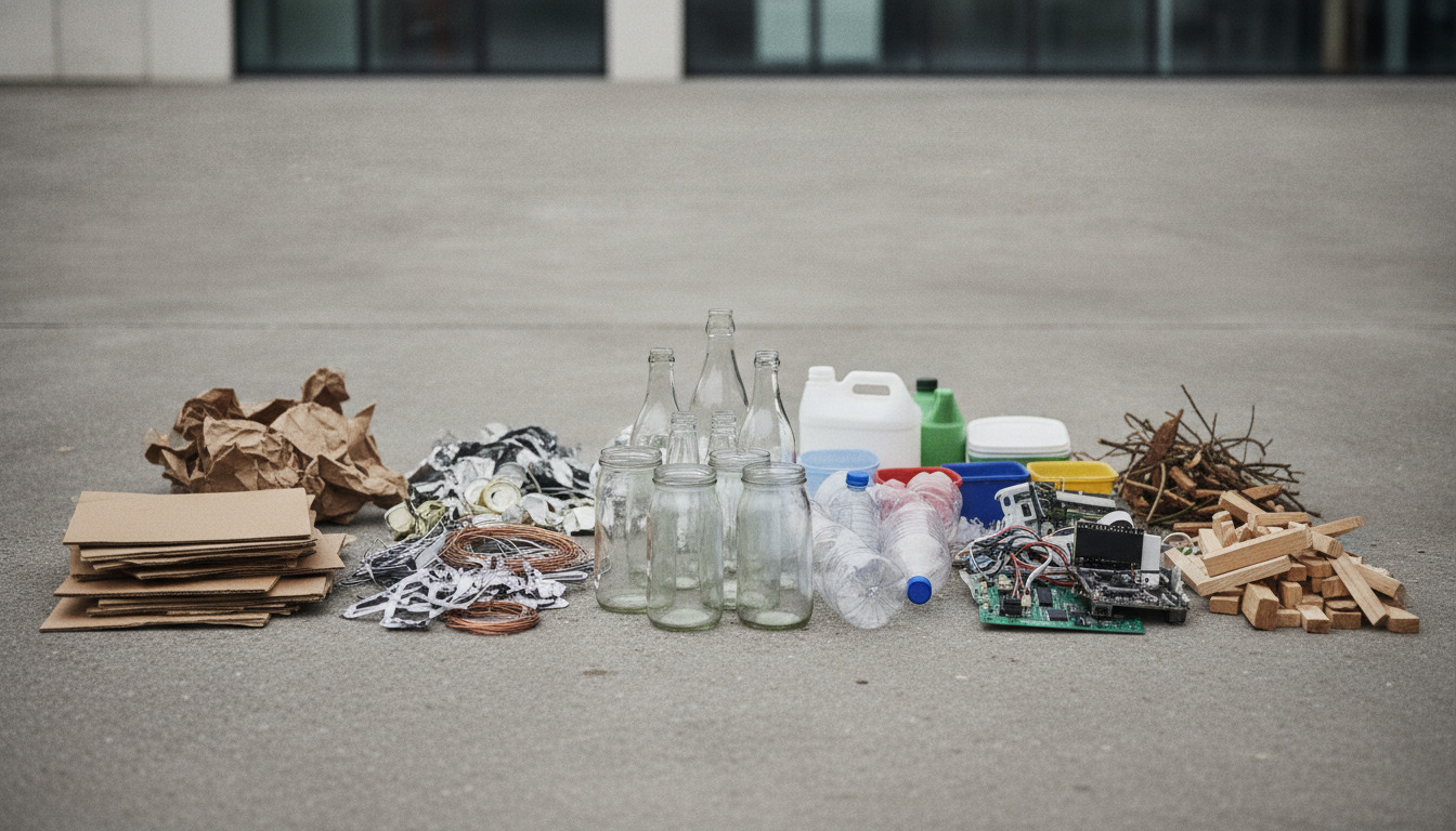 Sorterede genanvendelsesmaterialer – papir, glas, metal, plast og elektronik – ordnet på betonunderlag.