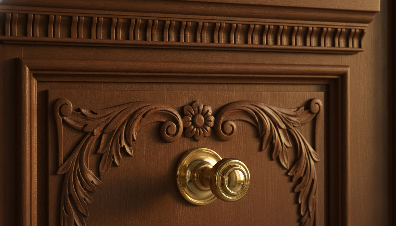 Detalje af ornamenteret træpanel med messing-håndtag i varmgylden lys.