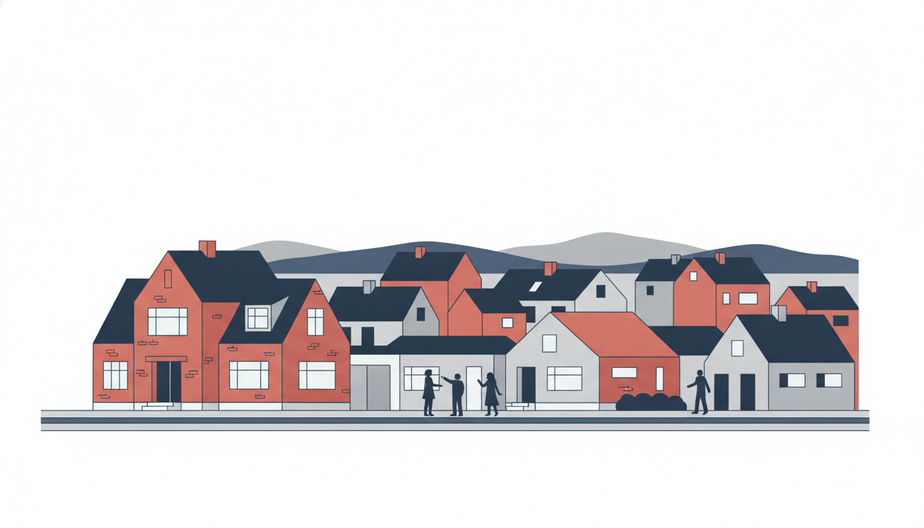 Flad vektorillustration af en række danske boligbyggeri i terracotta, hvid og marineblå, med silhueterede personer der undersøger ejendomme. Bakkede bjerge synlige bag taglinjer.