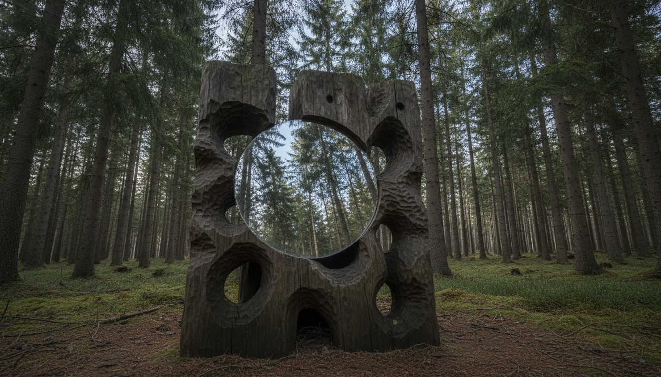 Træskulptur med udhulet træ og rundt spejl blandt høje nåletræer i skov.