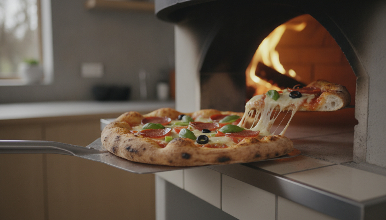 Friskbagt pizza med smeltet ost og fyld på pizzaskovl foran træ-fyret ovn.