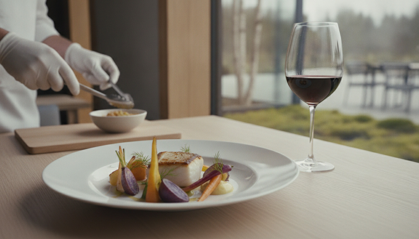 Elegant gourmet tallerken med sæsongrøntsager og protein, rødvin i glas, hænder i blør baggrund.