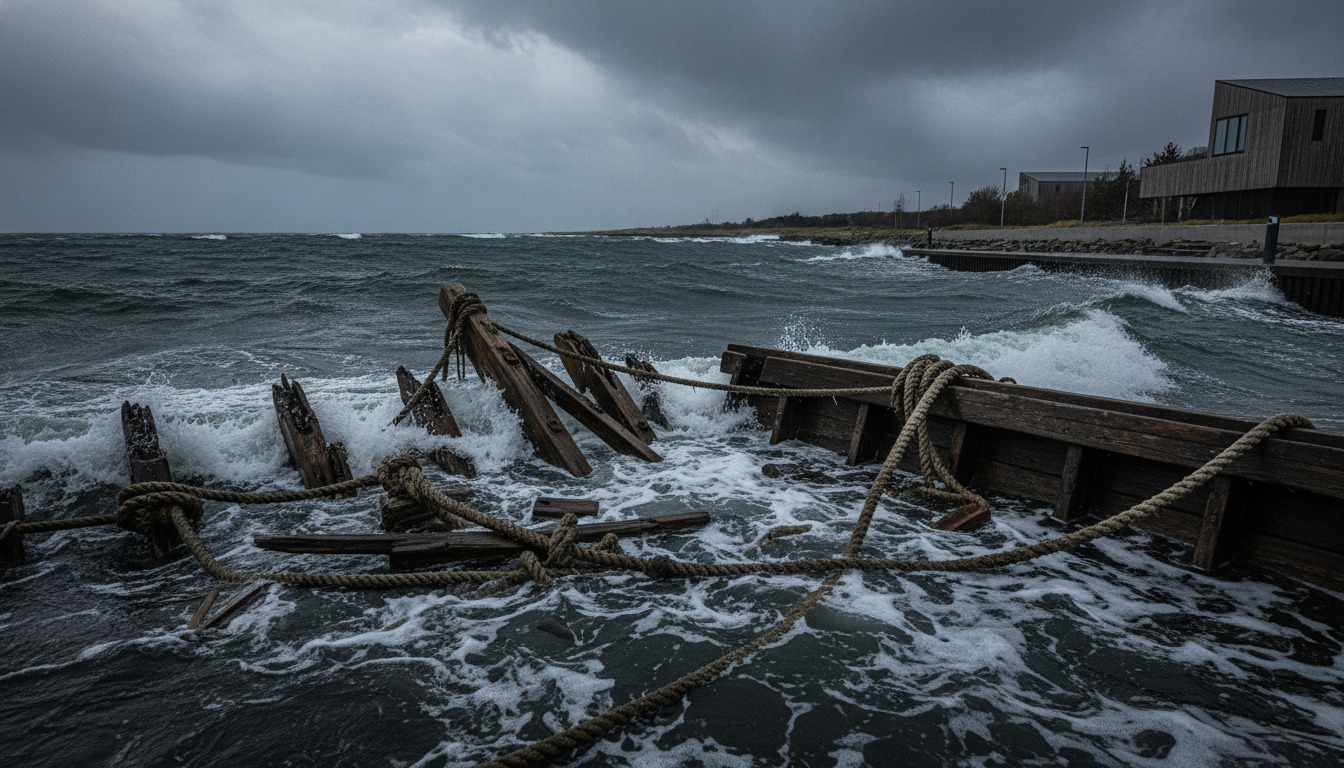 Forvitrende træbalkestykker og tov i stormfuldt, skummende havvand under grå himmel.