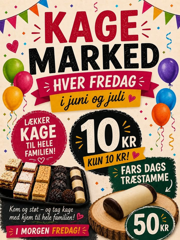 Meny Als holder Kage Marked med udvalgte kager til 10 kr. fredag