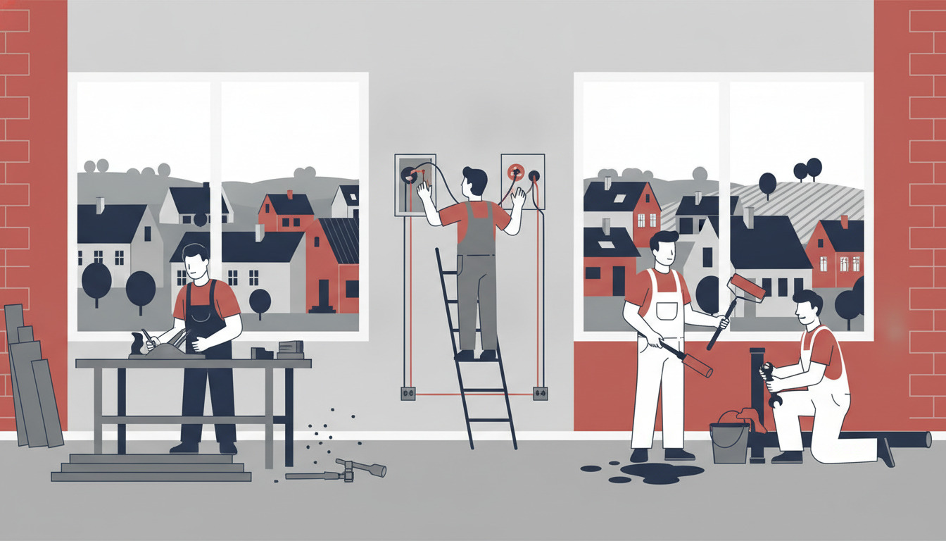Flad vektorillustration af håndværkere på arbejde: tømrer ved arbejdsbænk, elektriker på stige, maler og VVS-installatør med værktøj. Børkop byens tage synlige gennem vinduer i baggrunden.
