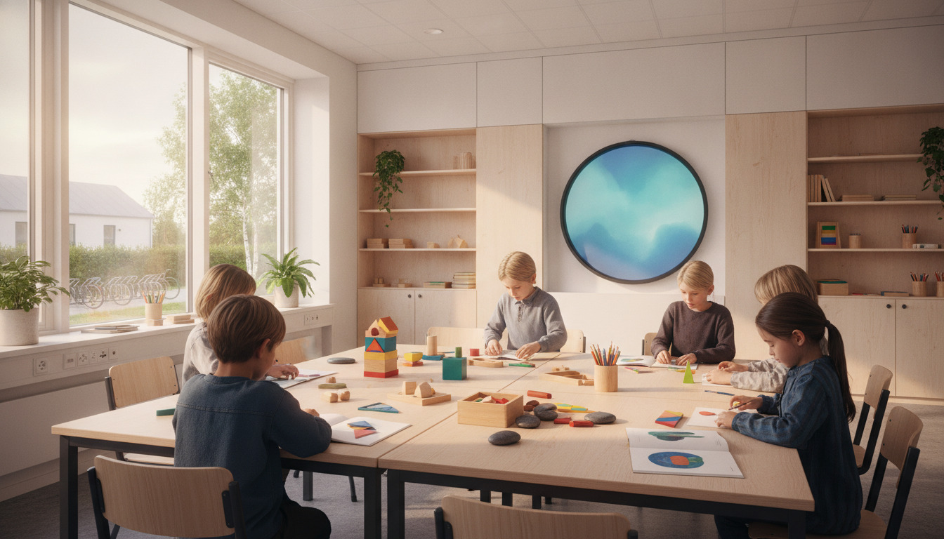 Børn arbejder ved et træbord med undervisningsmateriale i naturligt lys fra store vinduer.