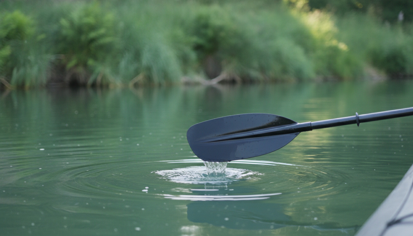 Kajakpaddle dykker ned i roligt vand med ringbølger udad. Tæt nærbillede af padlingen fra vandets overflade.