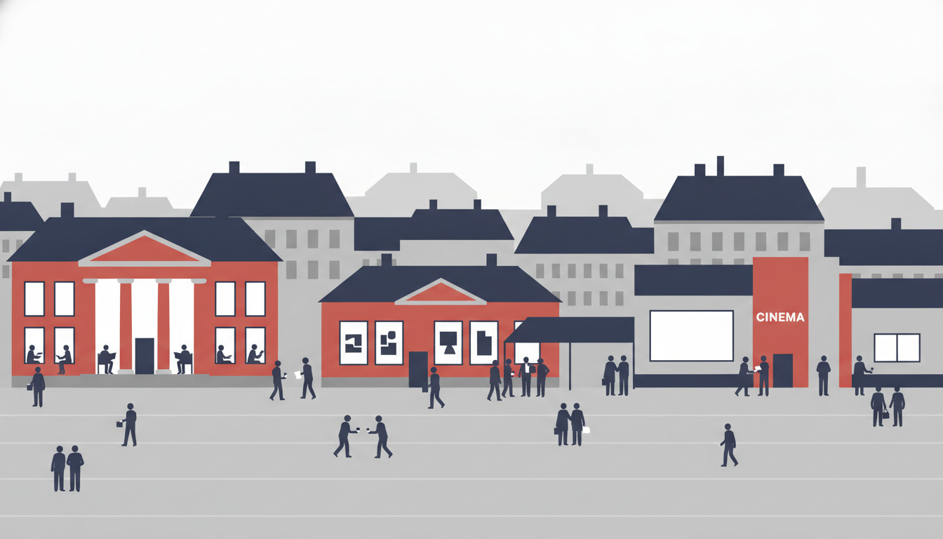 Fladt vektortegnet dansk byplads med kulturelle institutioner: rødt murværks bibliotek og museum med klassiske facader og store vinduer, biograf markeret med skiltning, grå historiske bygninger i baggrunden, silhuetter af mennesker, der nyder det offentlige rum.