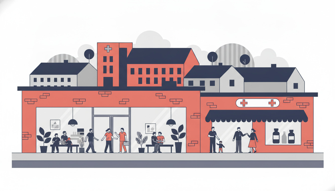 Moderne sundhedsfacilitet i Nyborg med lægekontor med store vinduer, apotek med medicinsk signage, og hospitalsbyggeri i baggrund. Sundhedspersonale og patienter i velkomstområde med planter.