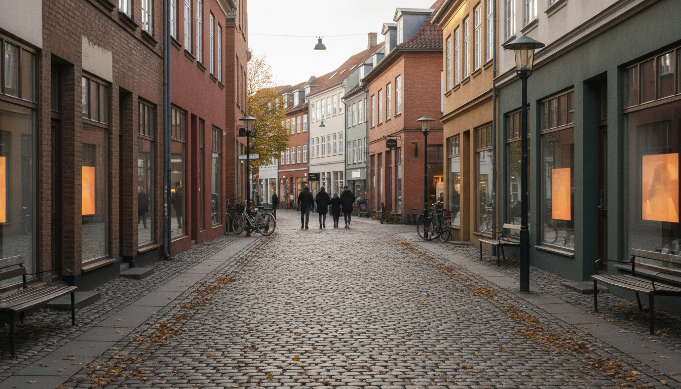 Brolægning med efterårsblade, murstenshusfacader og blurred silhuetter – generisk nordisk bymilje.