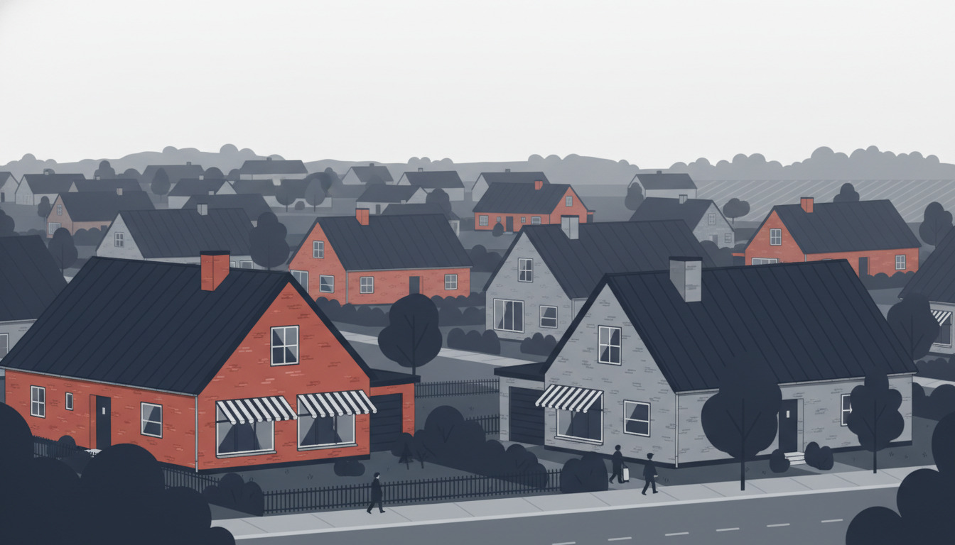 Boligstrøde i Galten med rummelige villaer, der er kendetegnet ved spidstage, rød tegl og lyse facader, store vinduer, markiser, indhegnede haver med træer og et villabebygget landlandsbylandskab.
