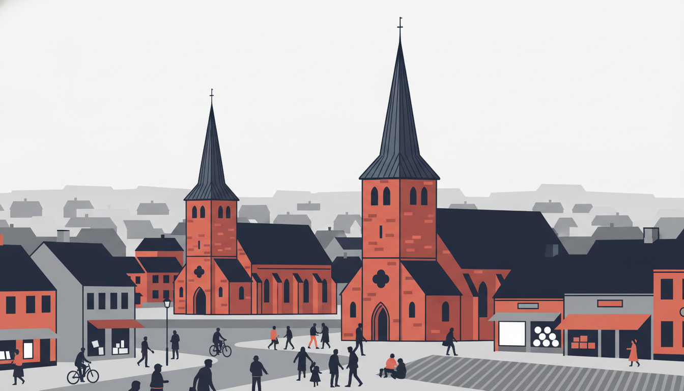 Fladvektor-illustration af to skandinaviske kirker med karakteristiske spir og rødt murværk på torvet i Bogense, omgivet af traditionelle bybygninger med stejlt tag og gående.