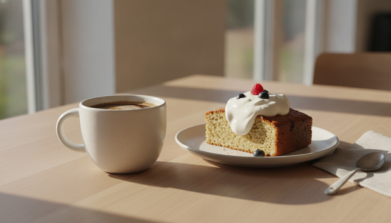 Tæt optagelse af en hvid kaffekop og en kageskive med fløde- og bærtopping på træbord.