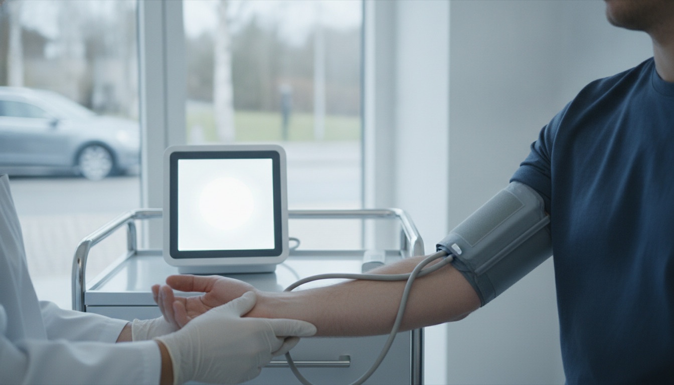 Læge måler blodtryk på patientens arm med medicinsk udstyr i moderne klinik.