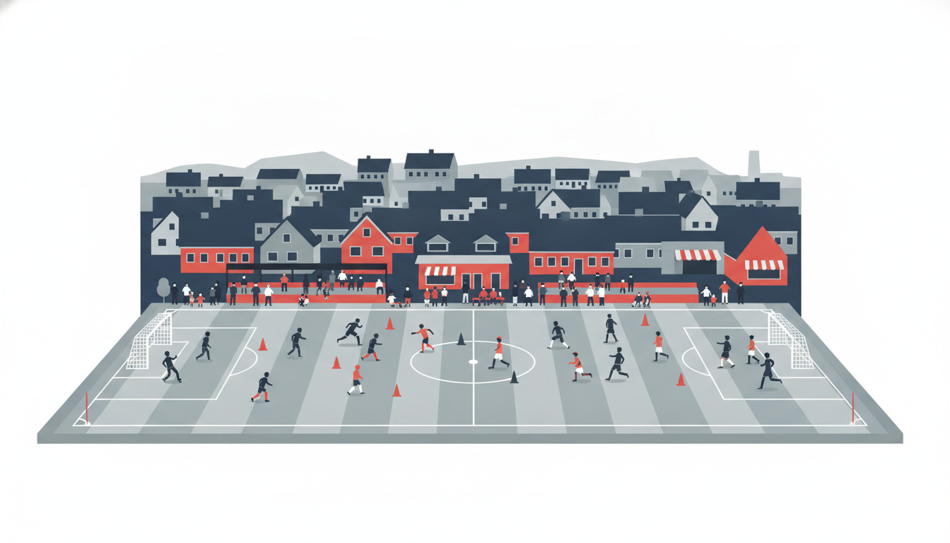 Flad vektorillustration af en levende fodboldplads med unge spillere under træning, omgivet af kegler og mål, tilskuere på sidelinjen og Fredericia bys forstad-landskab med røde tage og grå huse i baggrunden.