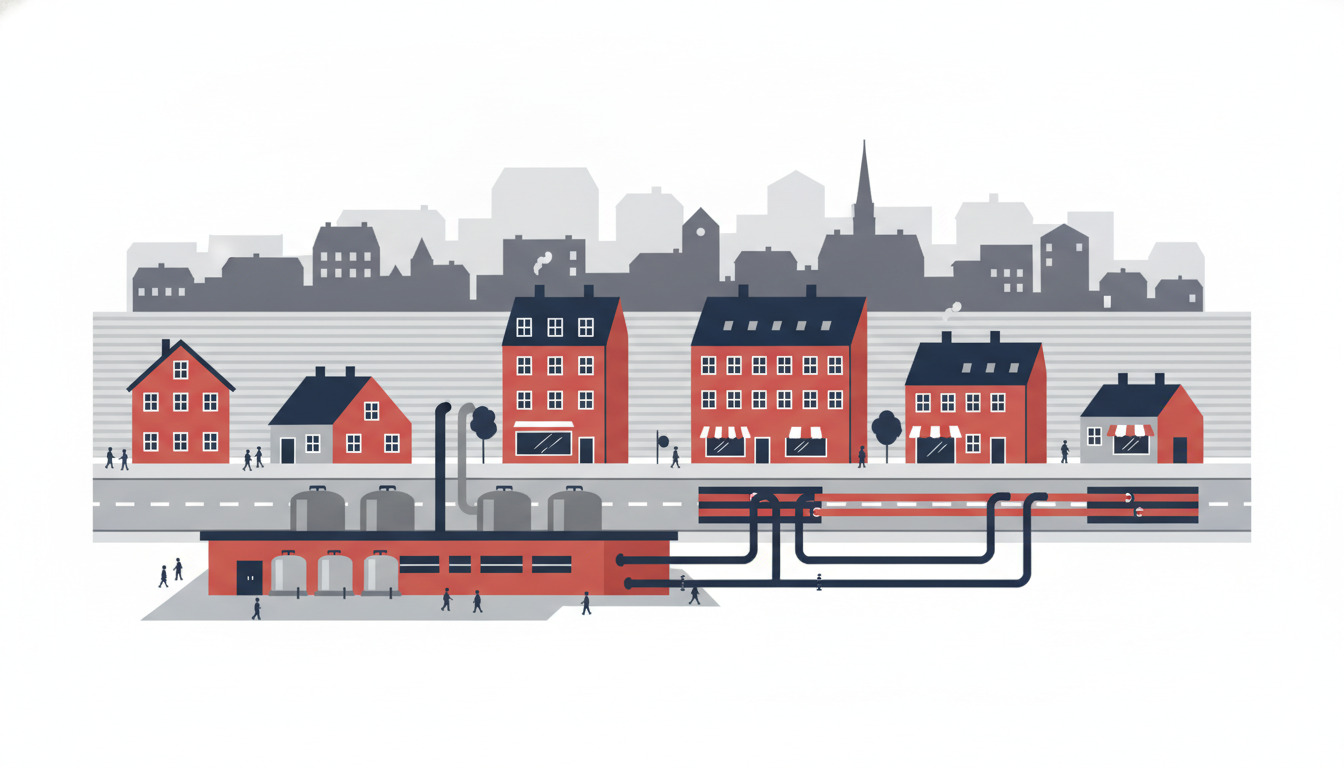 Fladvector-illustration af Haderslev bydels fjernvarmeinfrastruktur: røde boligbygninger og en bysilhuet over jorden, med synlige varmerør og et rødt varmeværk med lagertanke under gadeniveau, som repræsenterer fjernvarmenetværket, der forsyner byen.