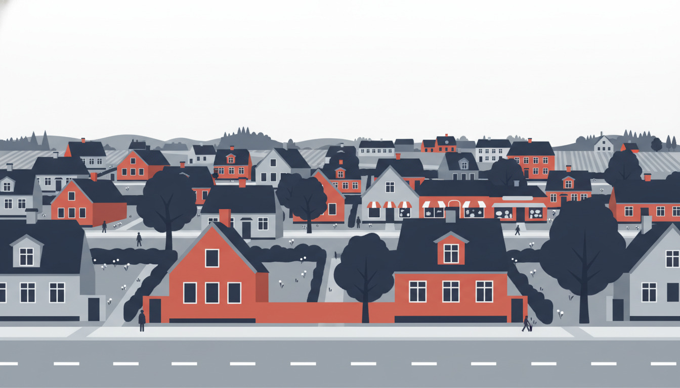 Fladvektor-illustration af en dansk beboelsesgade i Galten med fritliggende villaer med halmstrøet tage i orange og mørke toner, hvide vinduer, modne træer, haver og fodgængere på en forstads-træ-lined gade.