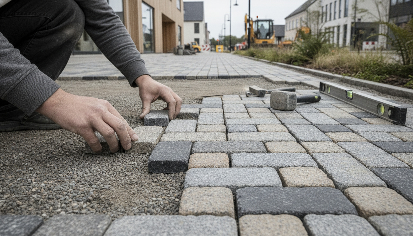 Håndværker lægger natursten og granitklinker med præcision i geometrisk mønster på forberedningsgrund.