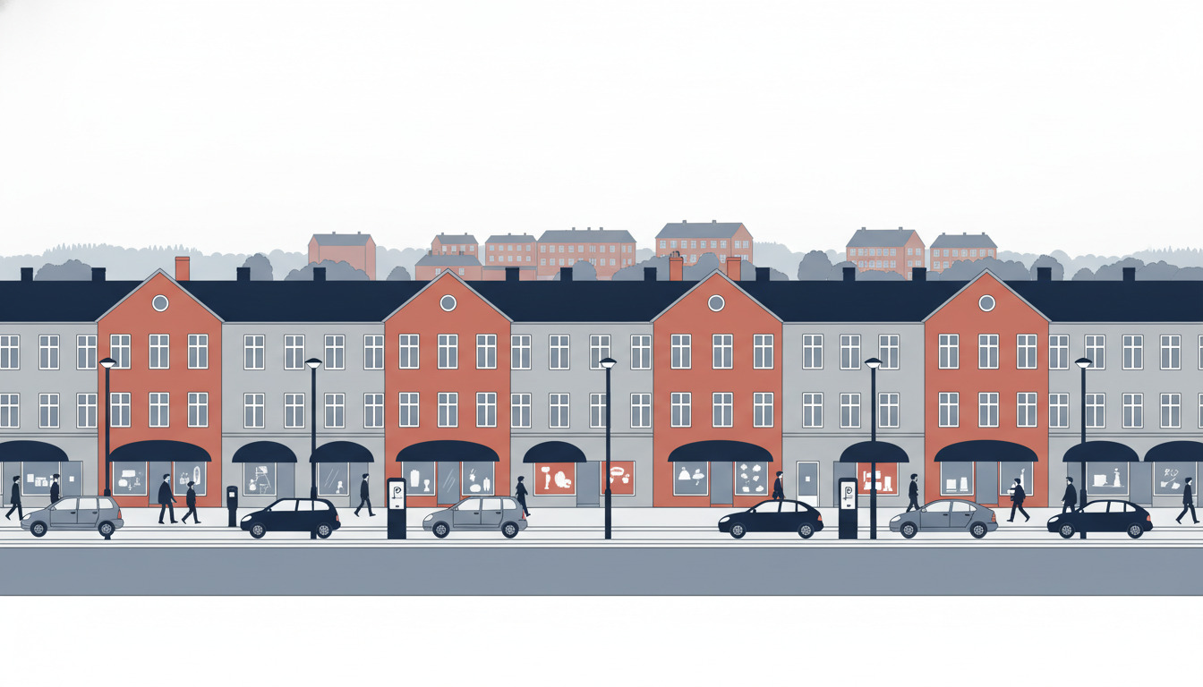 Flad vektor-gatebillede fra Frederiksberg med parkerede biler langs en boligvej, periodekarakteristiske lejlighedsbygninger med rødt teglsten og grå facader, stueetage-butikker, lampestandere og digital parkeringsbetaling-skilte, der afbilder typiske urbane parkeringsbetingelser.