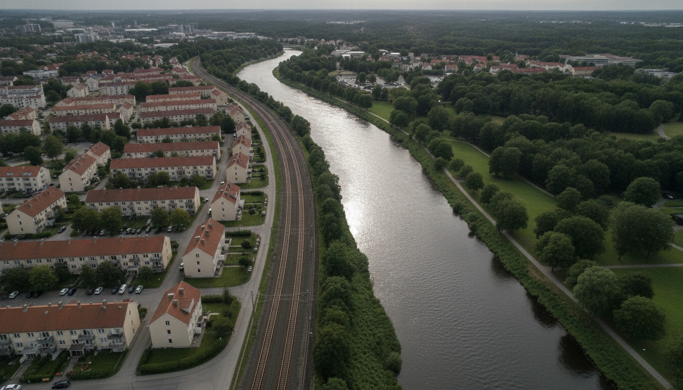 Luftfoto af flod, jernbane og bebyggelse - generisk landskabsscene.