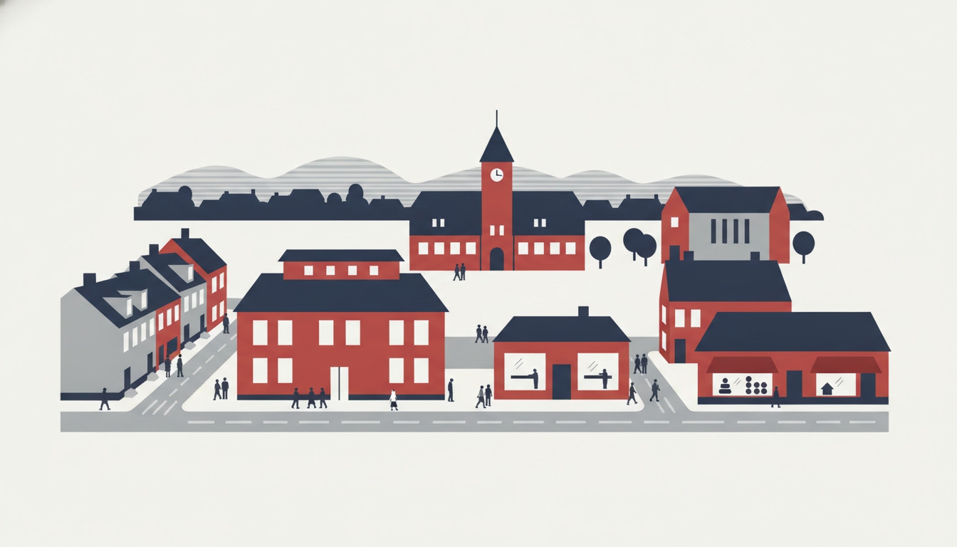 Fladt vektorillustration af et dansk kommunalt torv med røde murstensbyggerier, et centralt klokketårn, beboelsesejendomme, lokale butikker, træer og figurer, der repræsenterer samfundsliv og administrative tjenester.