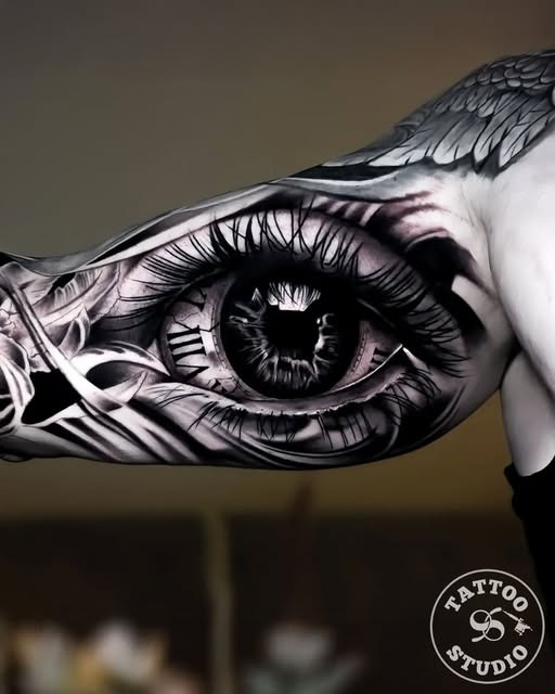 Tattoo Studio 96 Aarhus viser black & grey-tatovering med hyperrealistisk eye-design