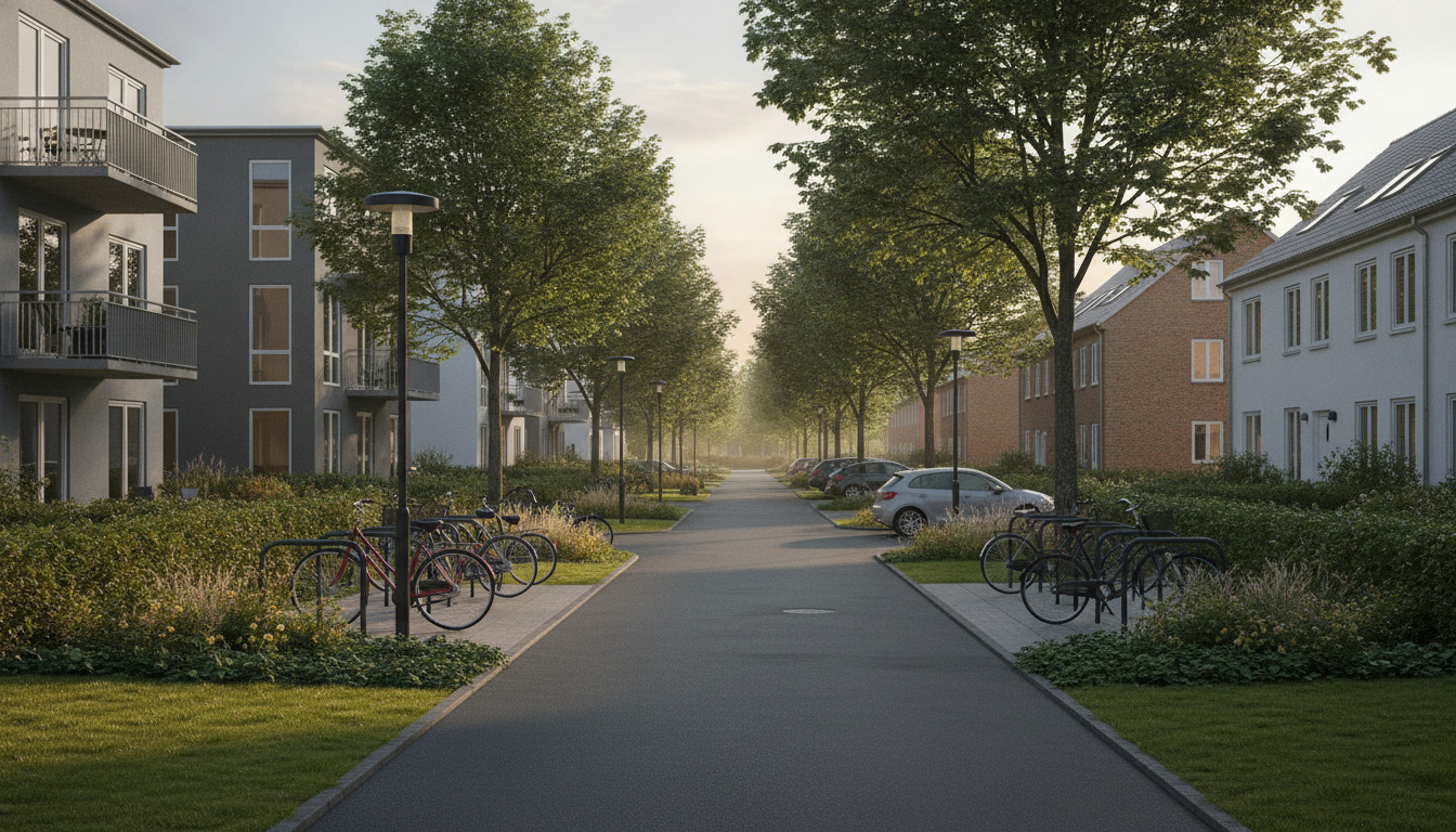 Cykelstativ og grønne løv langs rolig boligvej med moderne bygninger og træer i sommerlys.