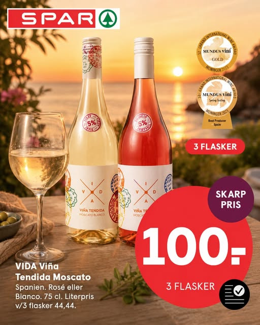 SPAR Visse tilbyder VIDA Moscato Rosé eller Bianco til 3 flasker for 100 kr.