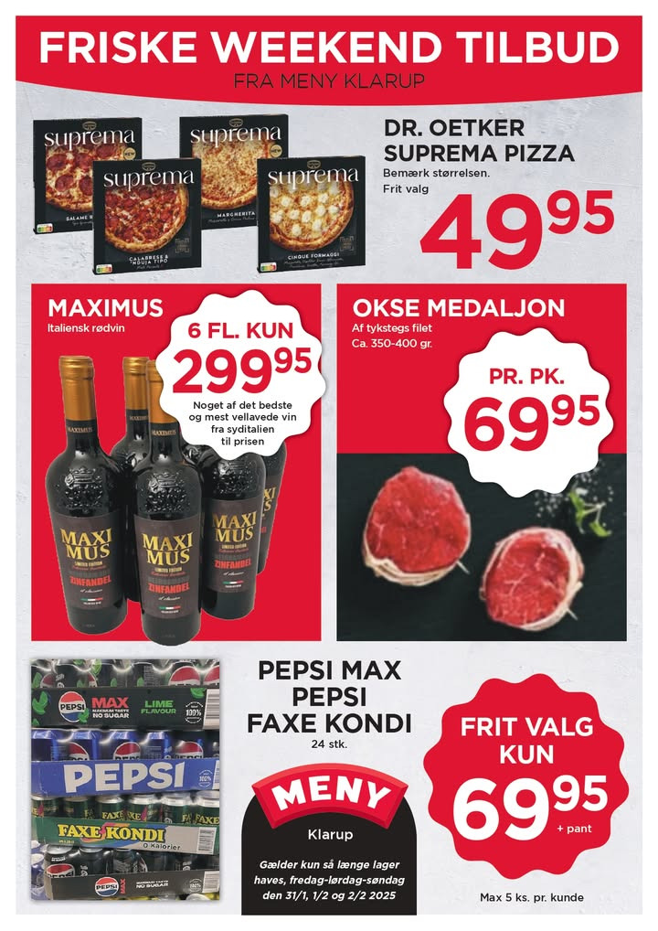 Weekendtilbud hos Meny Klarup: Pizza, rødvin, oksekød og sodavand