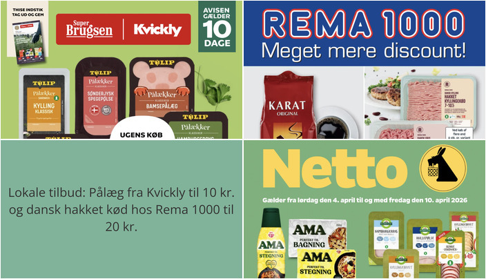 Lokale tilbud: Pålæg fra Kvickly til 10 kr. og dansk hakket kød hos Rema 1000 til 20 kr.