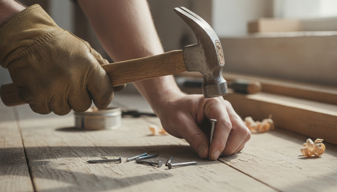 Nærbillede af hænder med arbejdshandsker, der bruger hammer til at slå søm i træ på en arbejdsbænk.