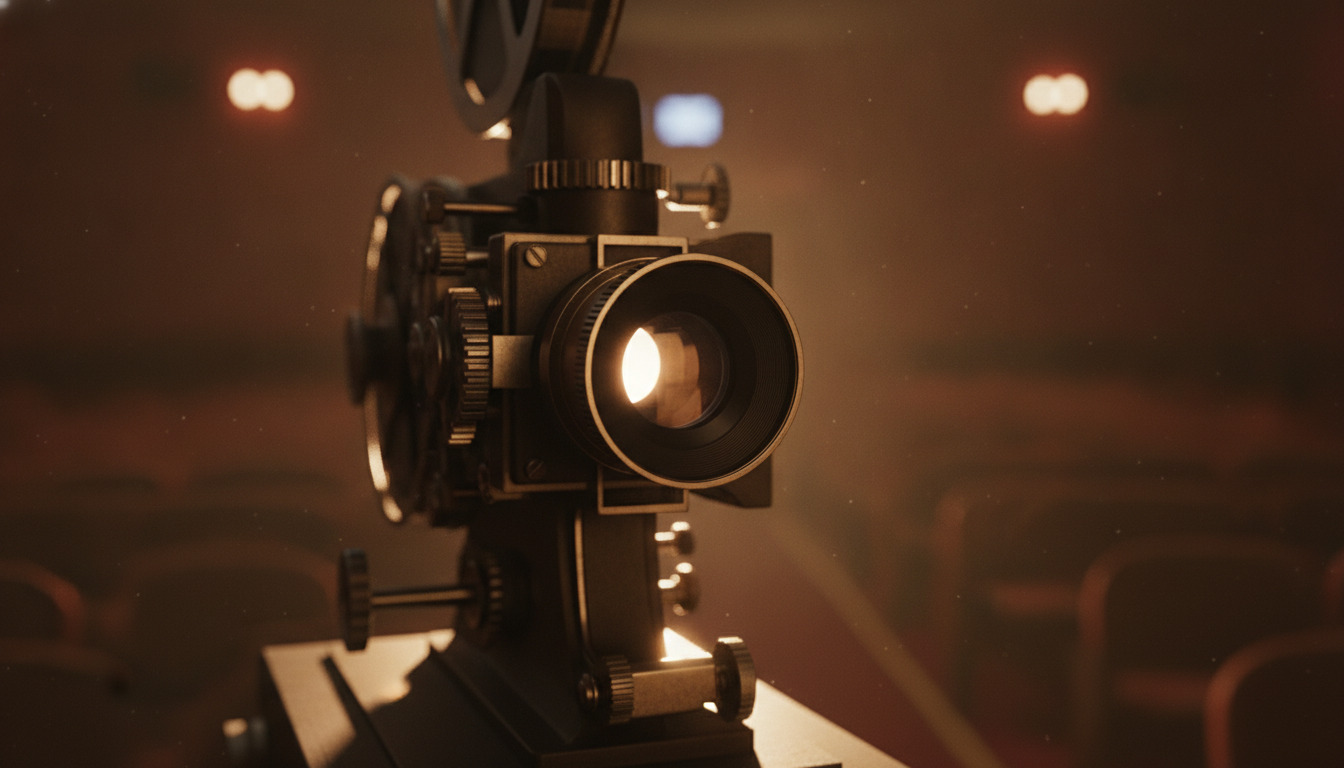 Closeup af vintage filmprojektor med lens og metalkomponenter, oplyst af varm amber lys i mørk biograf.