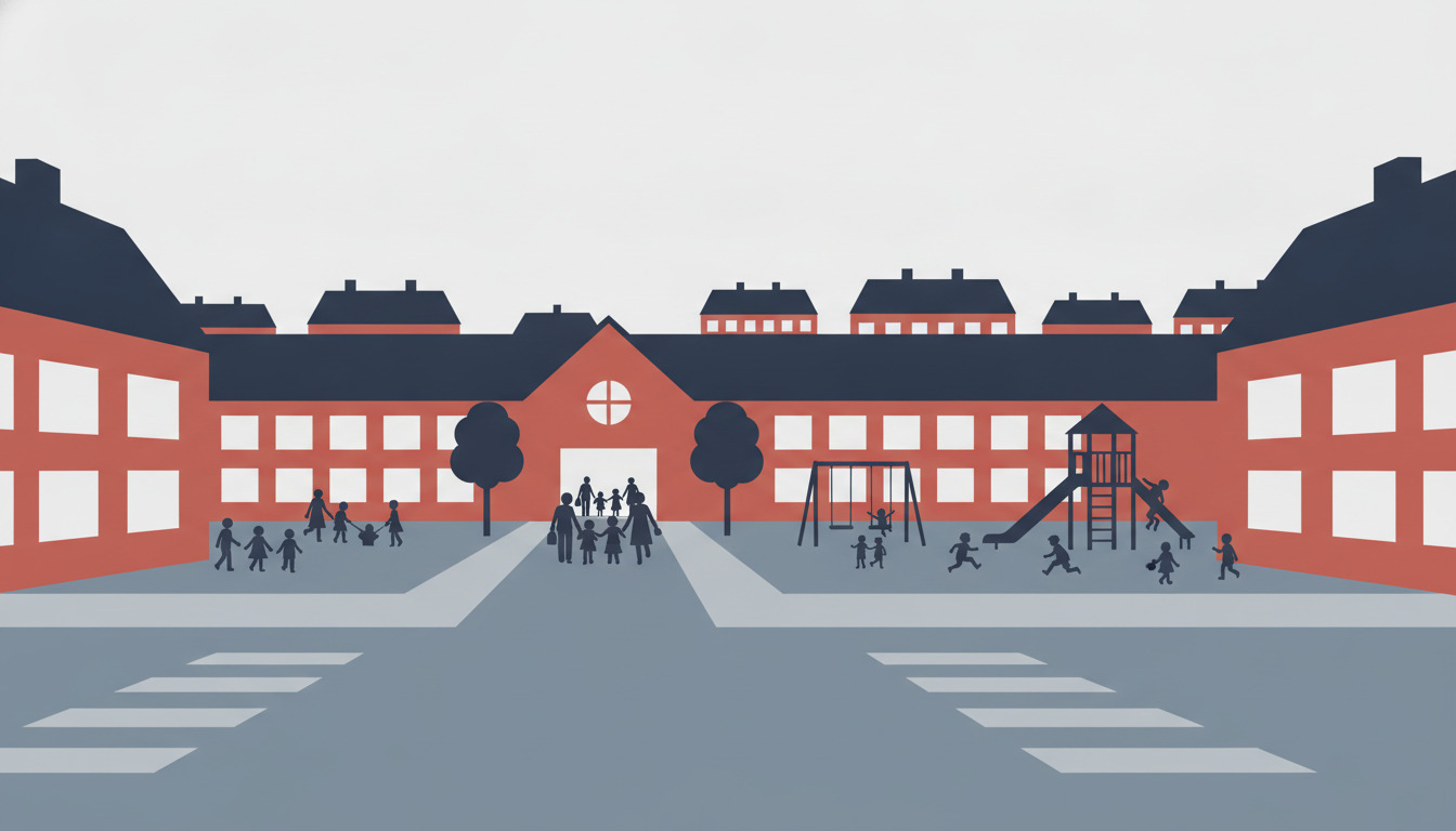 Fladt vektorillustration af en dansk skole i Brædstrup: rød-mursten hovedbygning med store vinduer, centralt gavltag over indgang, omgivende træer, legeplads med klatrestruktur, børn og familier på gårdsplads, beboelseshots bag ved.