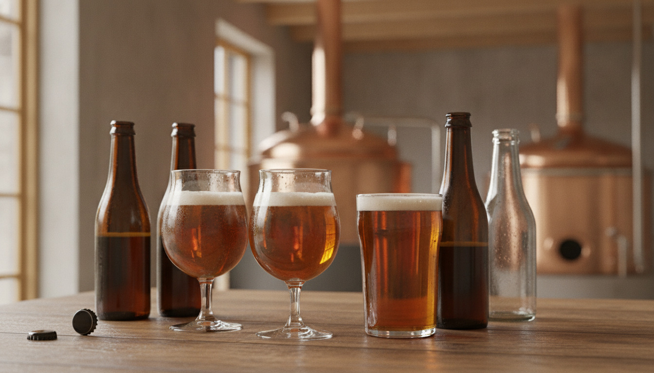 Ølflasker og glas fyldt med amber øl på træbord med kondensdråber i nordisk dagslys.