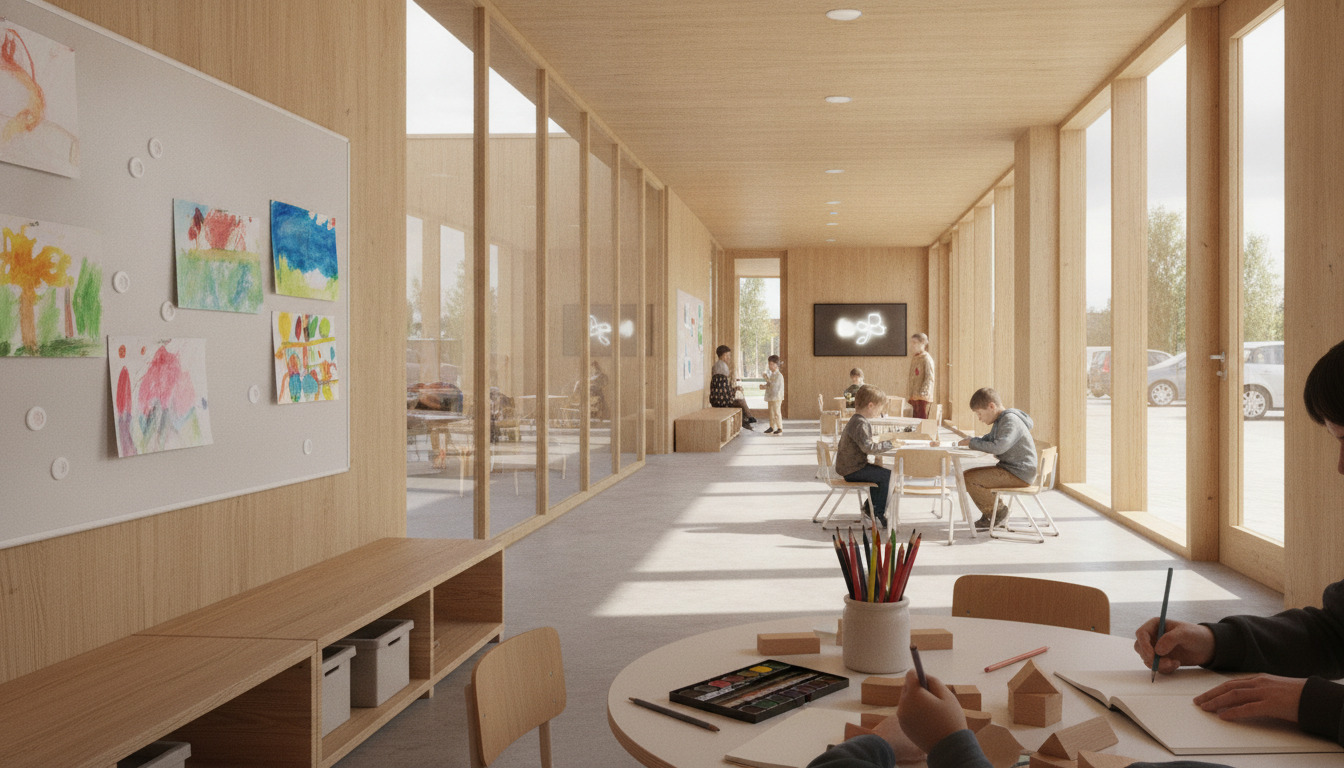 Moderne skoleindretning med træmøbler, børnetegninger på væg og undervisningsmaterialer i varmt skandinavisk lys.