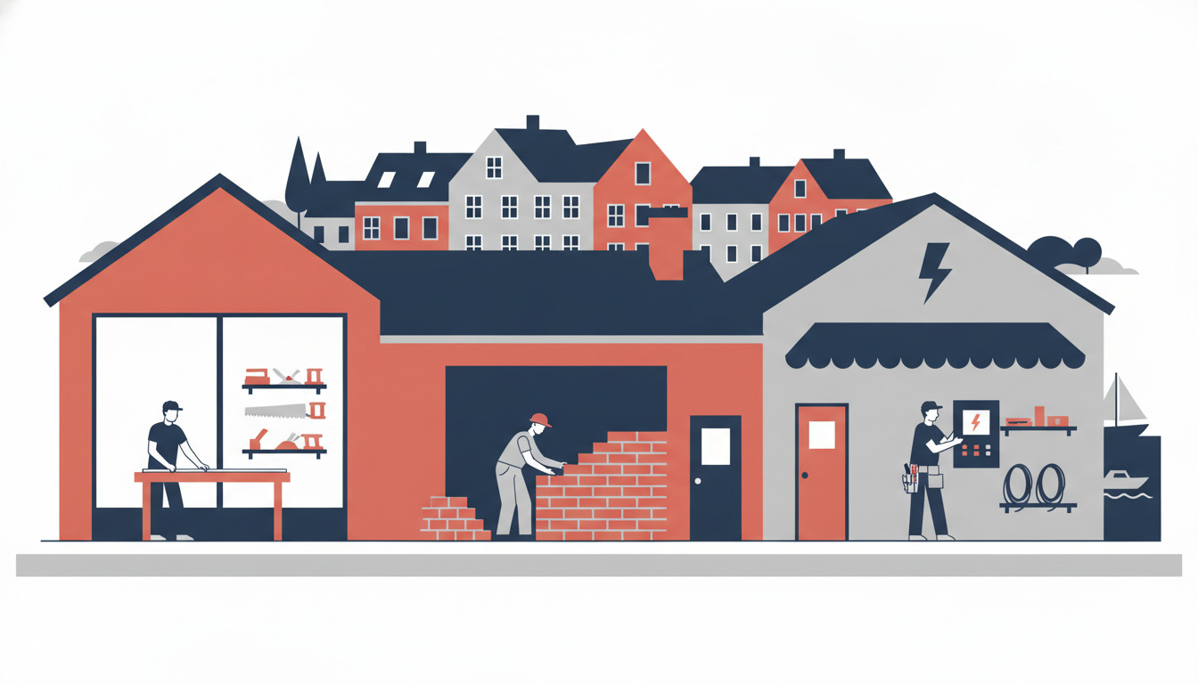 Illustrasjon av håndværkere og services i Hornbæk: tømrer, murermester og elektriker ved arbejde i moderne værksteder med dansk kystarkitektur og lyse tage i baggrunden.