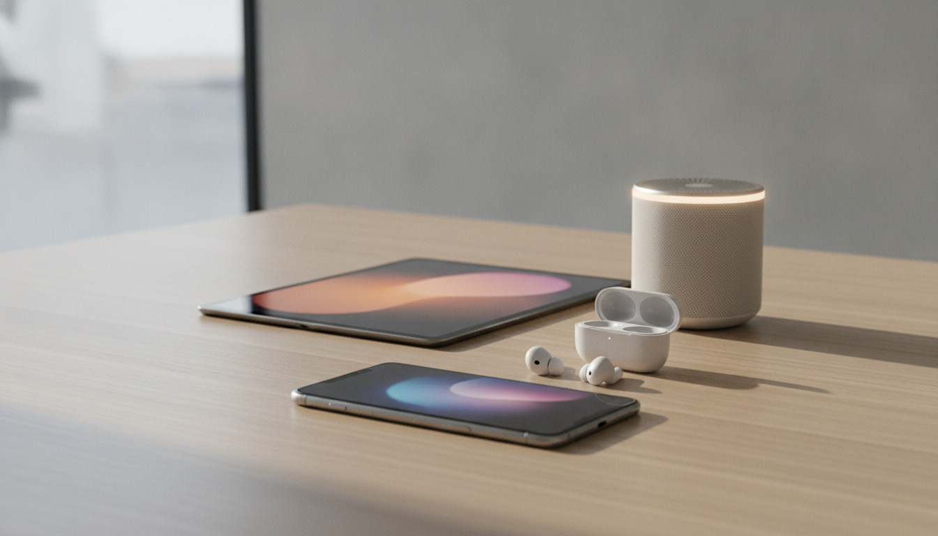 Moderne elektronik arrangeret på træbord: smartphone, tablet, øretelefoner og højttaler i minimalistisk minimalistisk setting med naturligt dagslys.