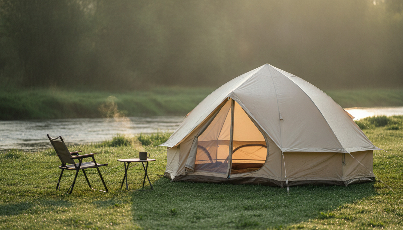 Genoplivet lejrplads ved vand med telt, campingstol og kop på græs ved solnedgang.
