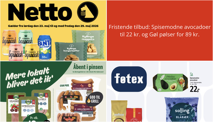 Fristende tilbud: Spisemodne avocadoer til 22 kr. og Gøl pølser for 89 kr.