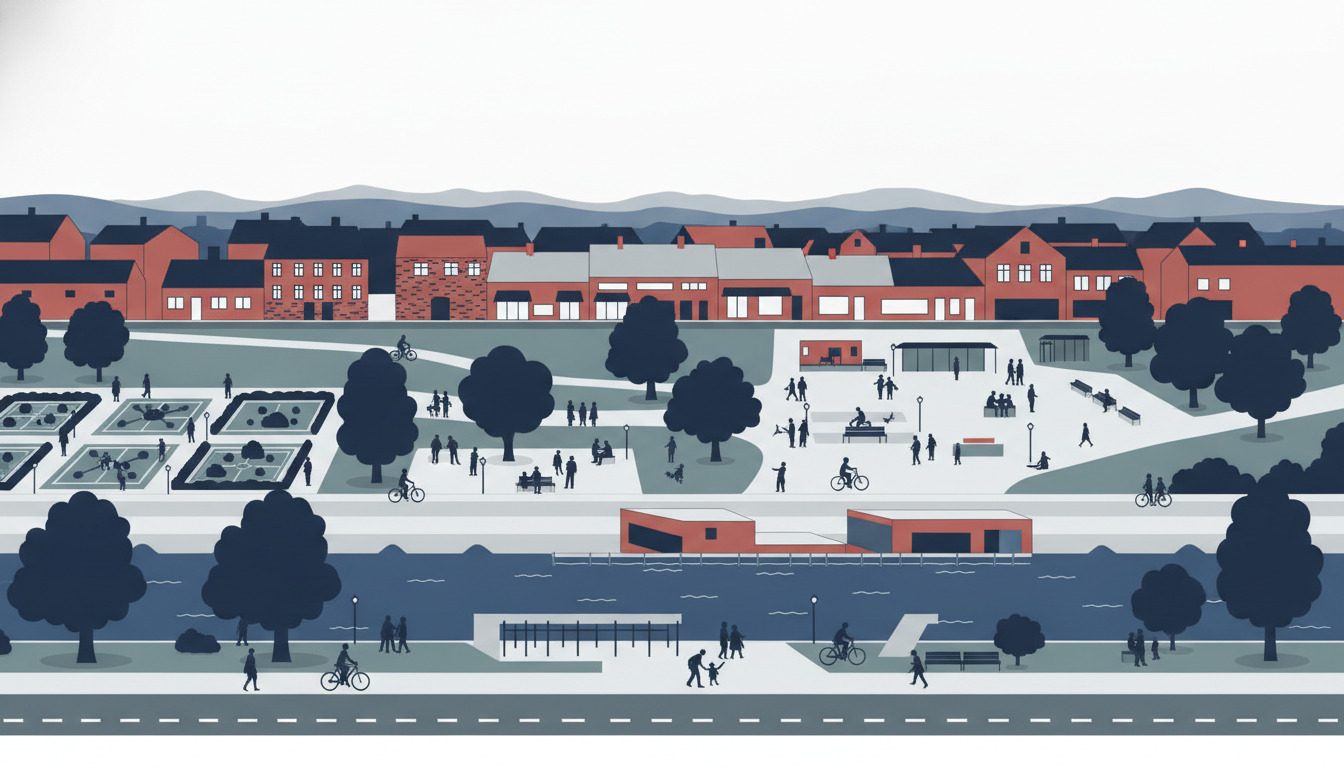 Fladt vektorillustration af Randers' grønne korridor langs Gudenå: fem forbundne parker med høje træer, rekreative områder, vandkantfaciliteter, familier der cykler og går, historiske haver der glider over i moderne samlingssteder, bløde skråninger og skovbryn som ramme.