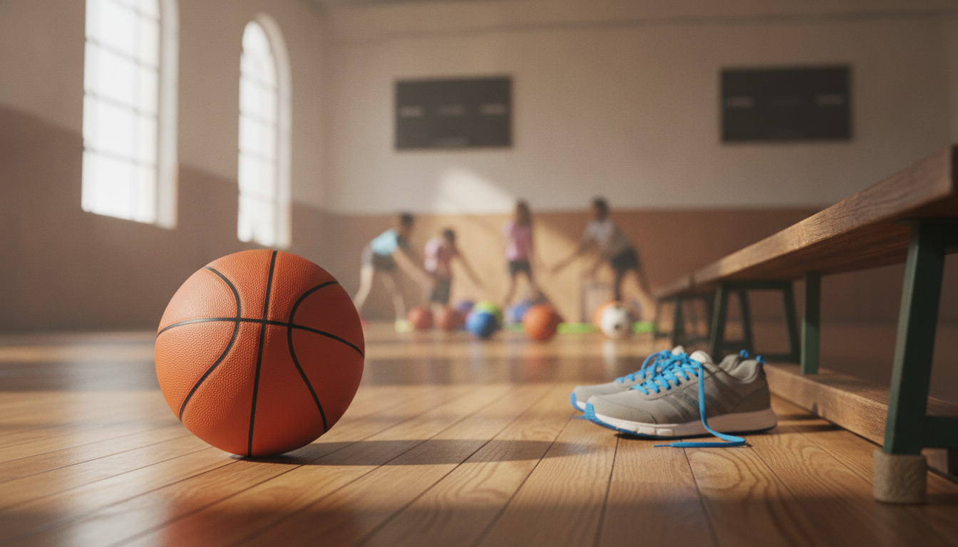 Tætbillede af basketball og sportssko på trægymnasiumgulv med varm naturligt lys.