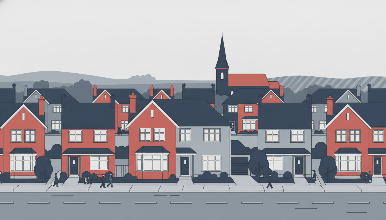 En dansk boligvej med en række røde mursten- og grå pudsede enfamiliehuse med sadeltage, små forhaver og en kirketårn, der rejser sig i baggrunden, og som fanger stemningen fra et stille provinsbykommunitet.