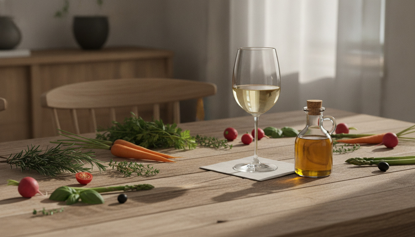 Nærfoto af rustikt trebord med hvidt vin, olivenolie, friske urter og grøntsager i varmt nordisk lys.