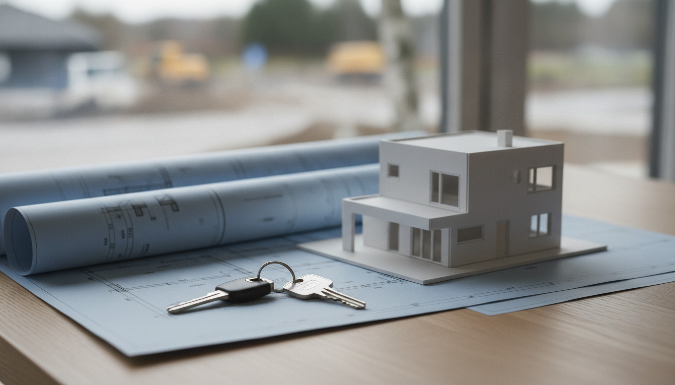 Arkitekttegninger, model-hus og nøgler på træbord i dagslys – symbolsk for nybyggeri.