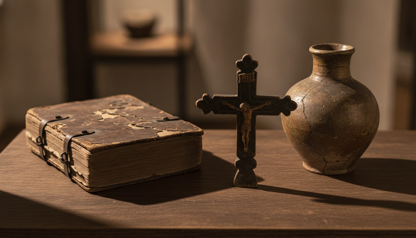 Ældre religiøse genstande og håndskrevne tekster arrangeret på træ.