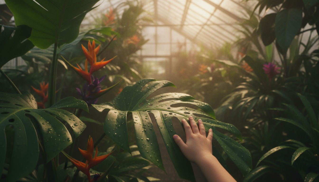 Barnehånd rører en våd tropical planteblade tæt på med eksotiske blomster og fugtig drivhus-atmosfære.