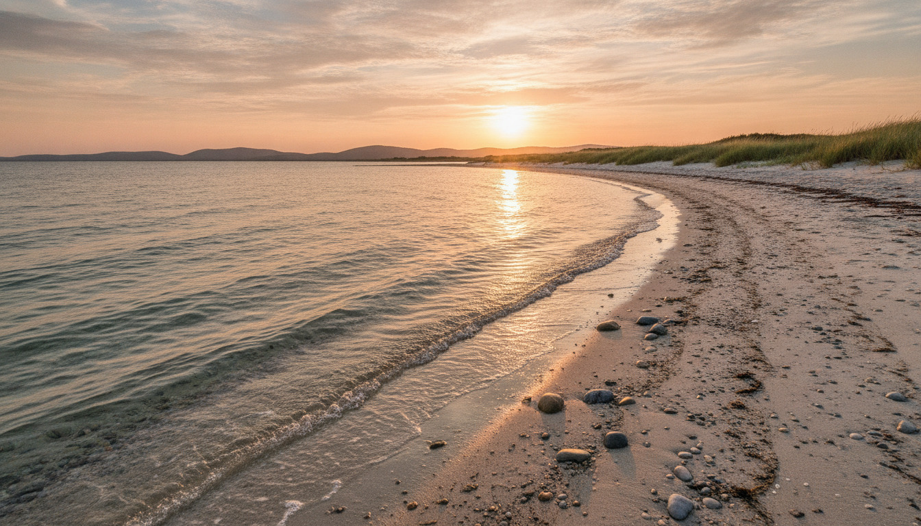 Fredelig strandscene med bølger, sand og småsten i gyldent sollys ved kysten.