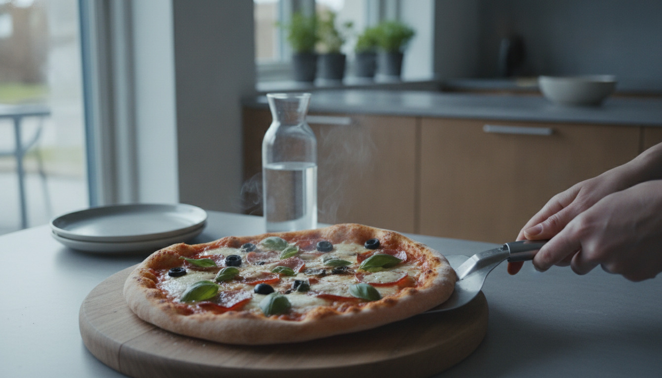 Tæteste foto af en frisk pizza med mozzarella, oliven og basilikum på træplade, hånd om server.