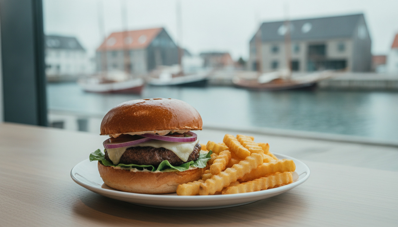 Burgermenu med fritter på hvid tallerken foran uskarpt havnemotiv med både og bygninger.
