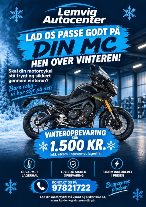 Lemvig Autocenter  tilbyder vinteropbevaring af MC for 1.500 kr.